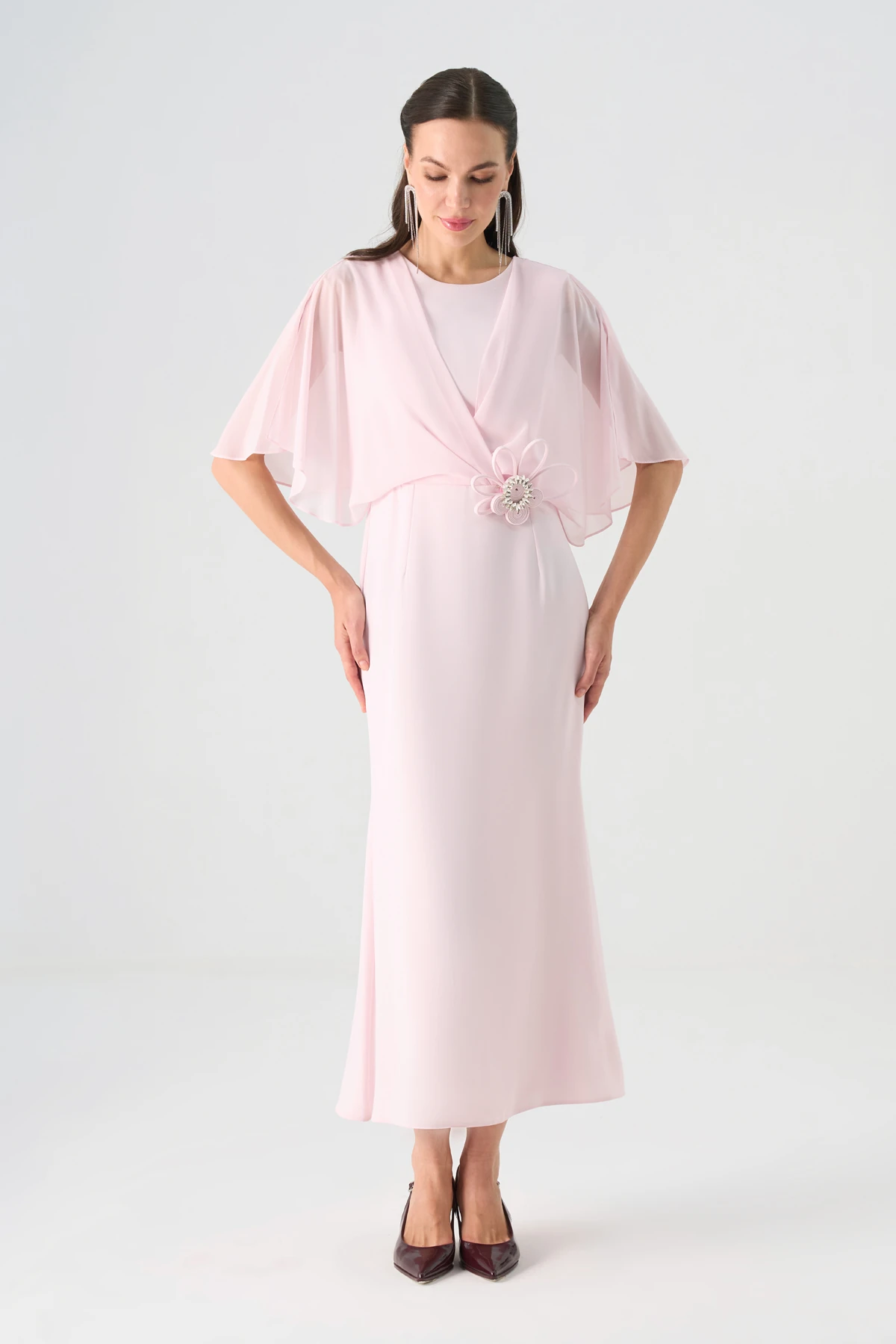 Şifon garnili yarasa kollu midi elbise EL-4353