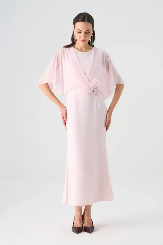 Şifon garnili yarasa kollu midi elbise EL-4353