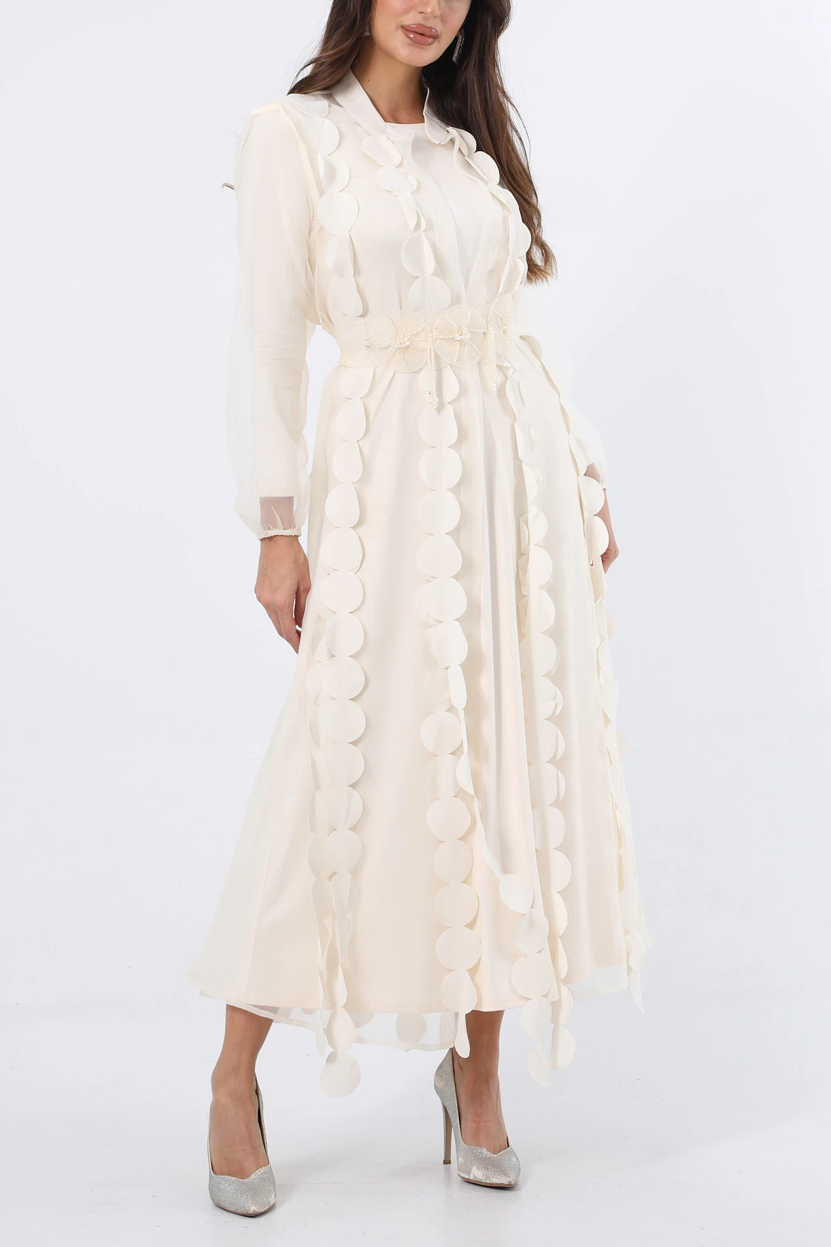 İşlemeli kuşaklı 3 boyutlu yelek elbise takım EL-4127