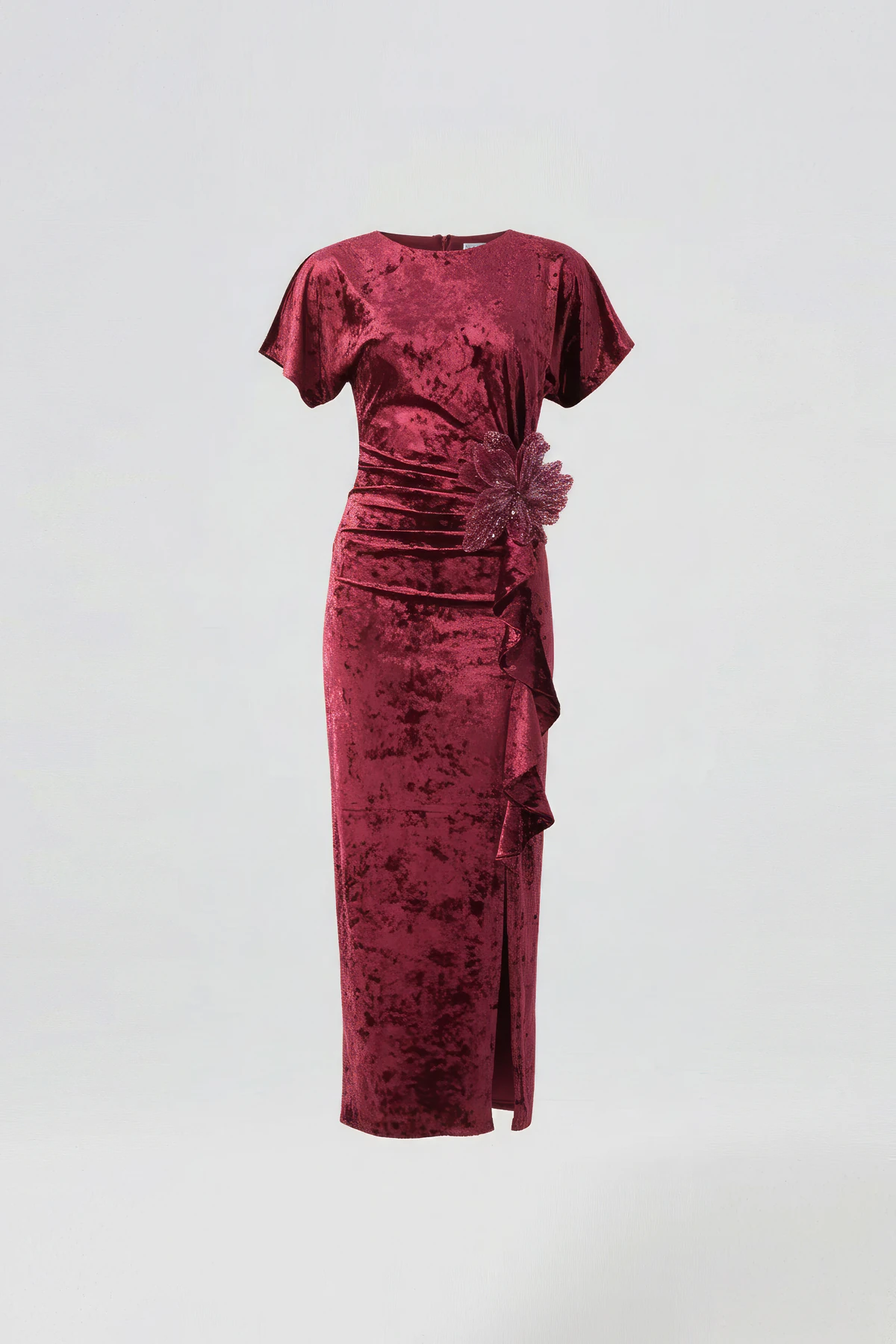 Düşük kollu volanlı kadife elbise EL-4442