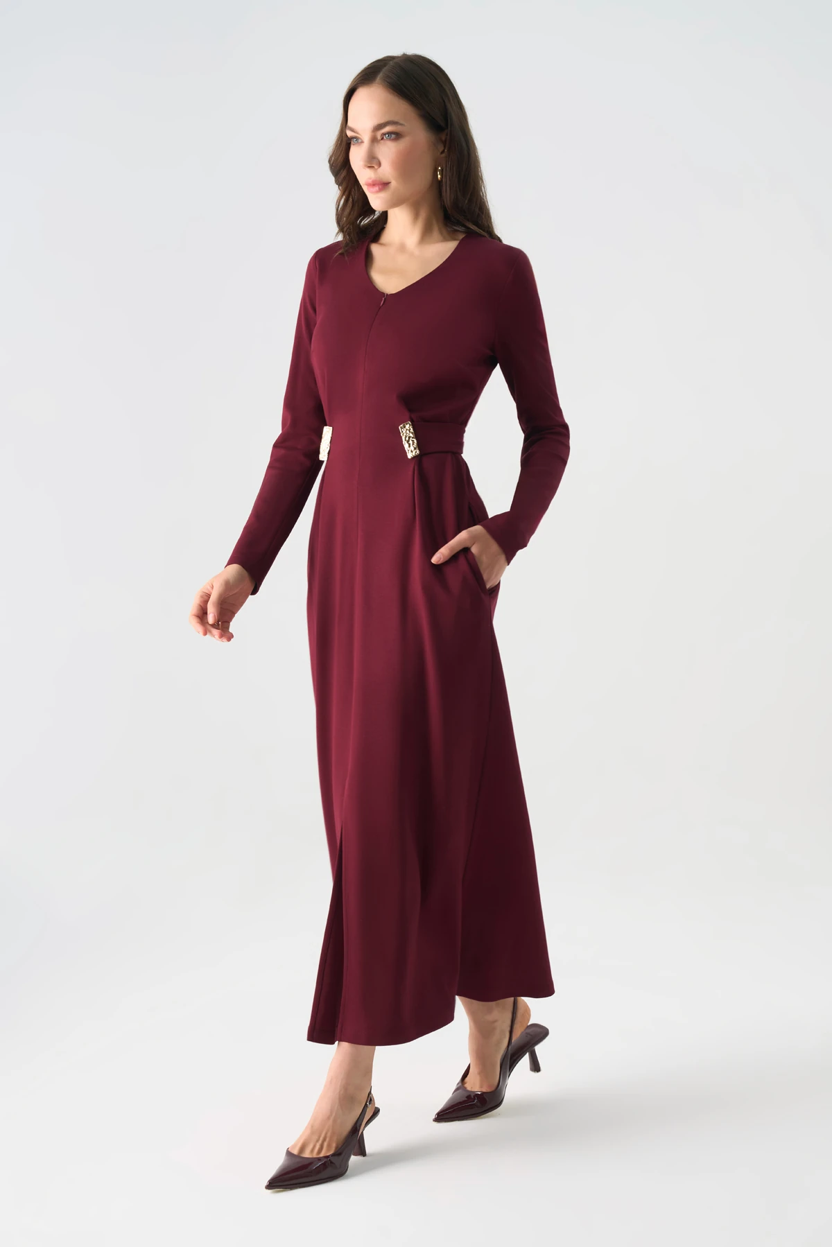 'V' yakalı belden kuşaklı örme elbise EL-4414