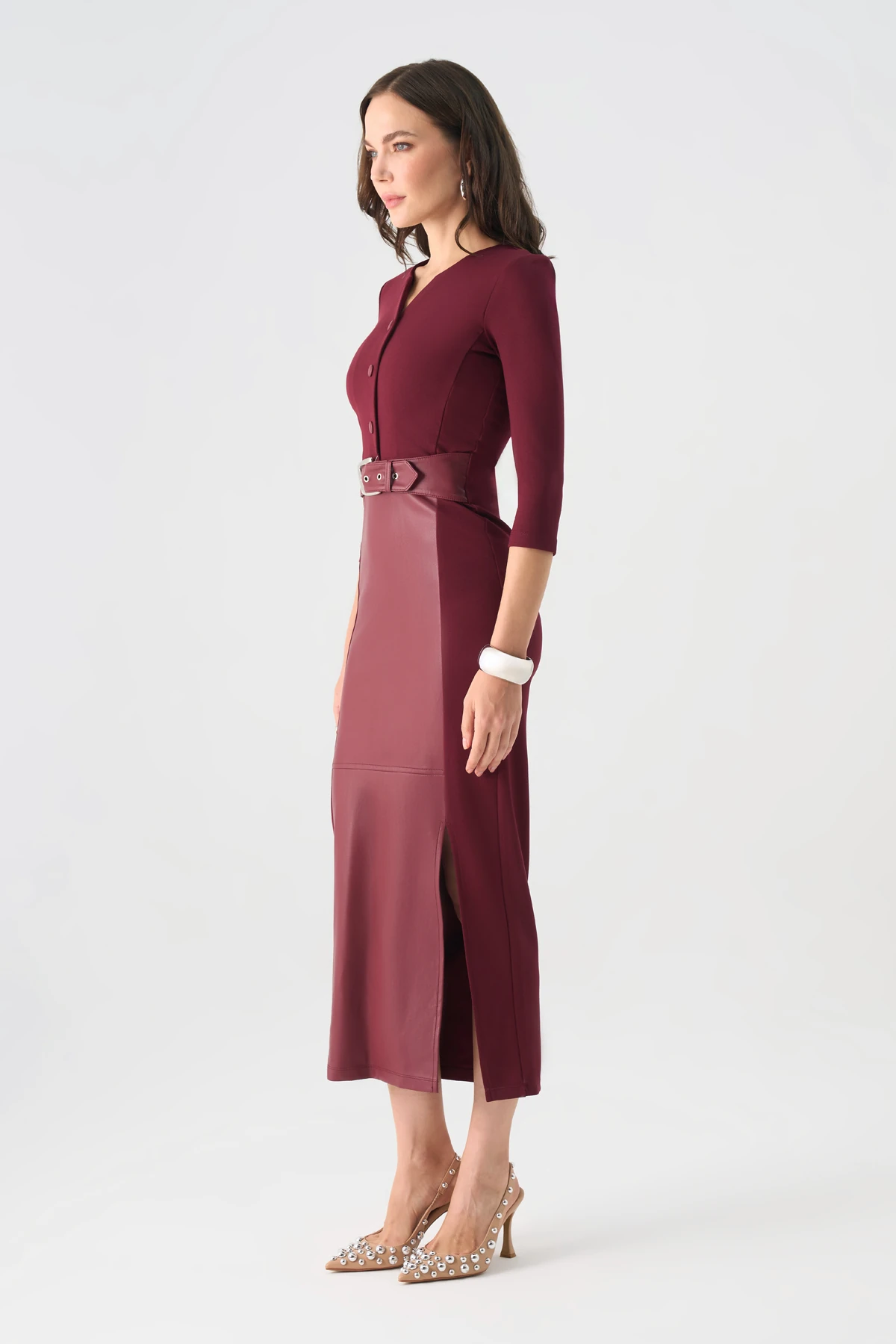 Bel kemerli örme ve deri karışım elbise EL-4424