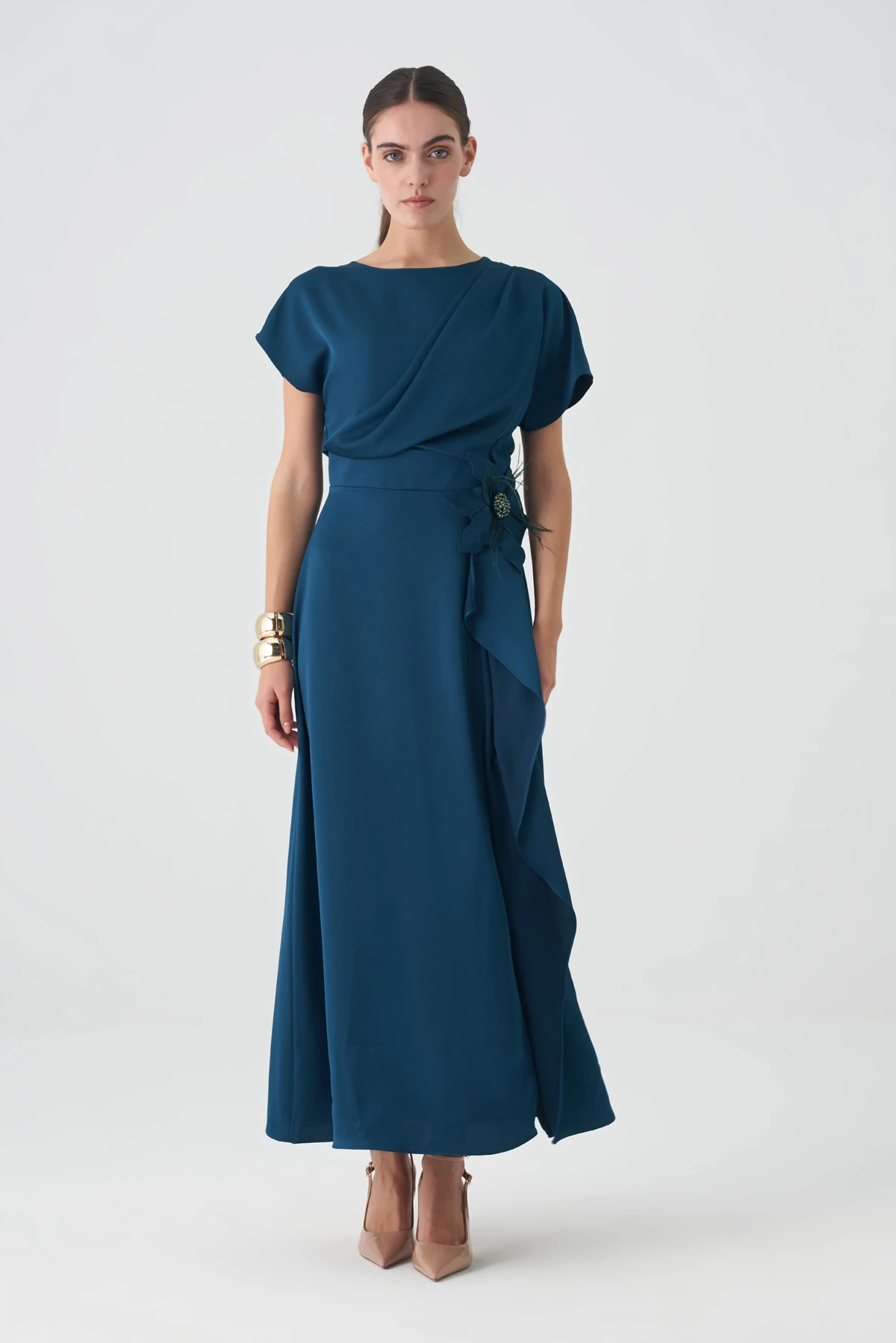 Drapeli saten elbise EL-4399