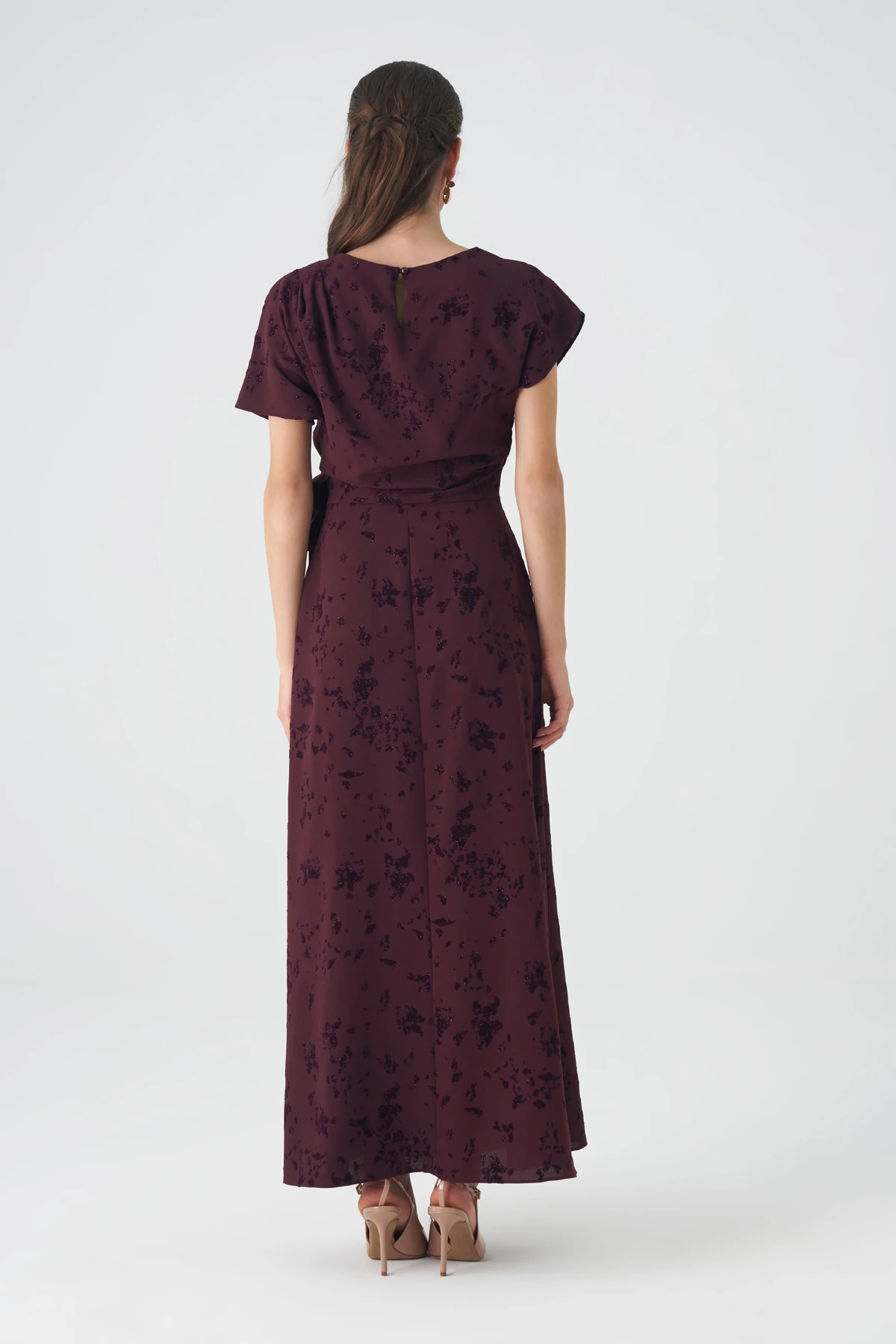 Kadife baskılı volanlı krep elbise EL-4439