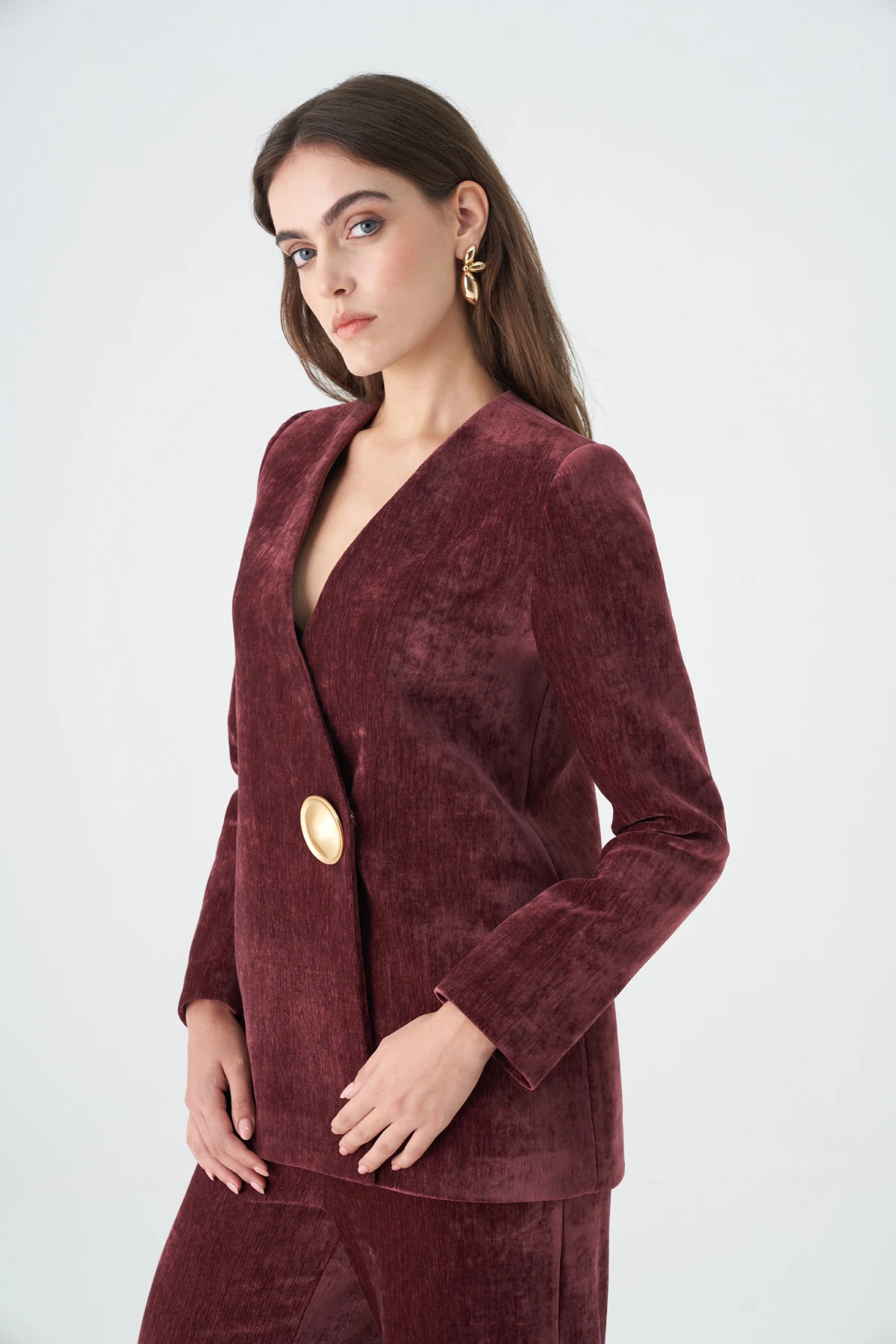 Kruvaze büyük düğmeli kadife takım EL-2775