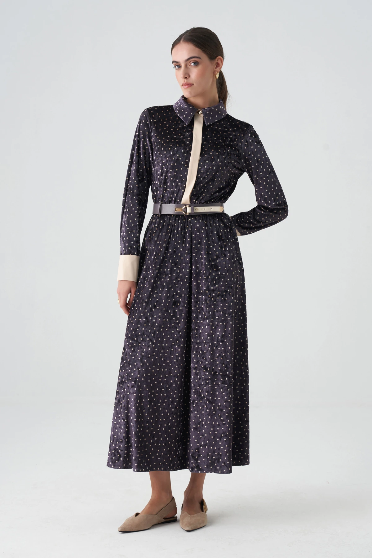 Saten garnili empirme kadife elbise EL-4437