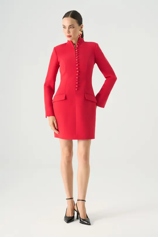 Saten düğme detyalı vatkalı mini elbise EL-4465