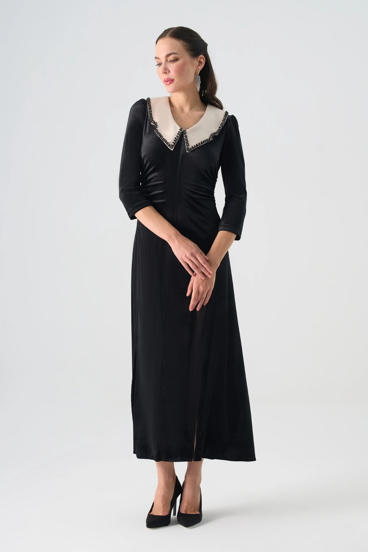 Drapeli Kadife Görünümlü Midi Elbise EL-4443