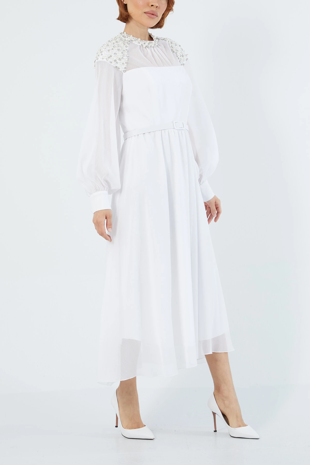 İşleme detaylı kemerli elbise EL-3569