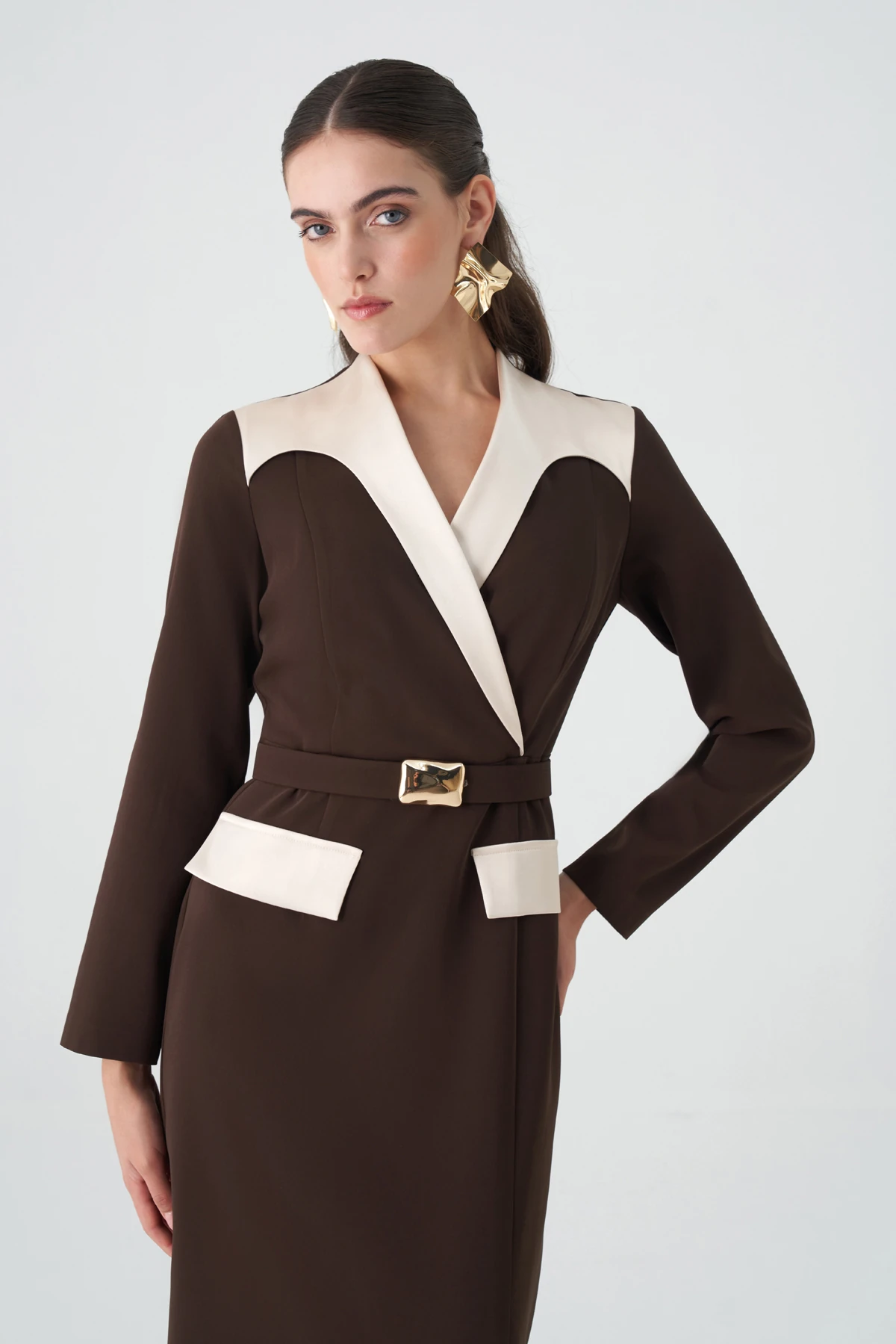 Saten garnili kruvaze midi krep elbise EL-4433