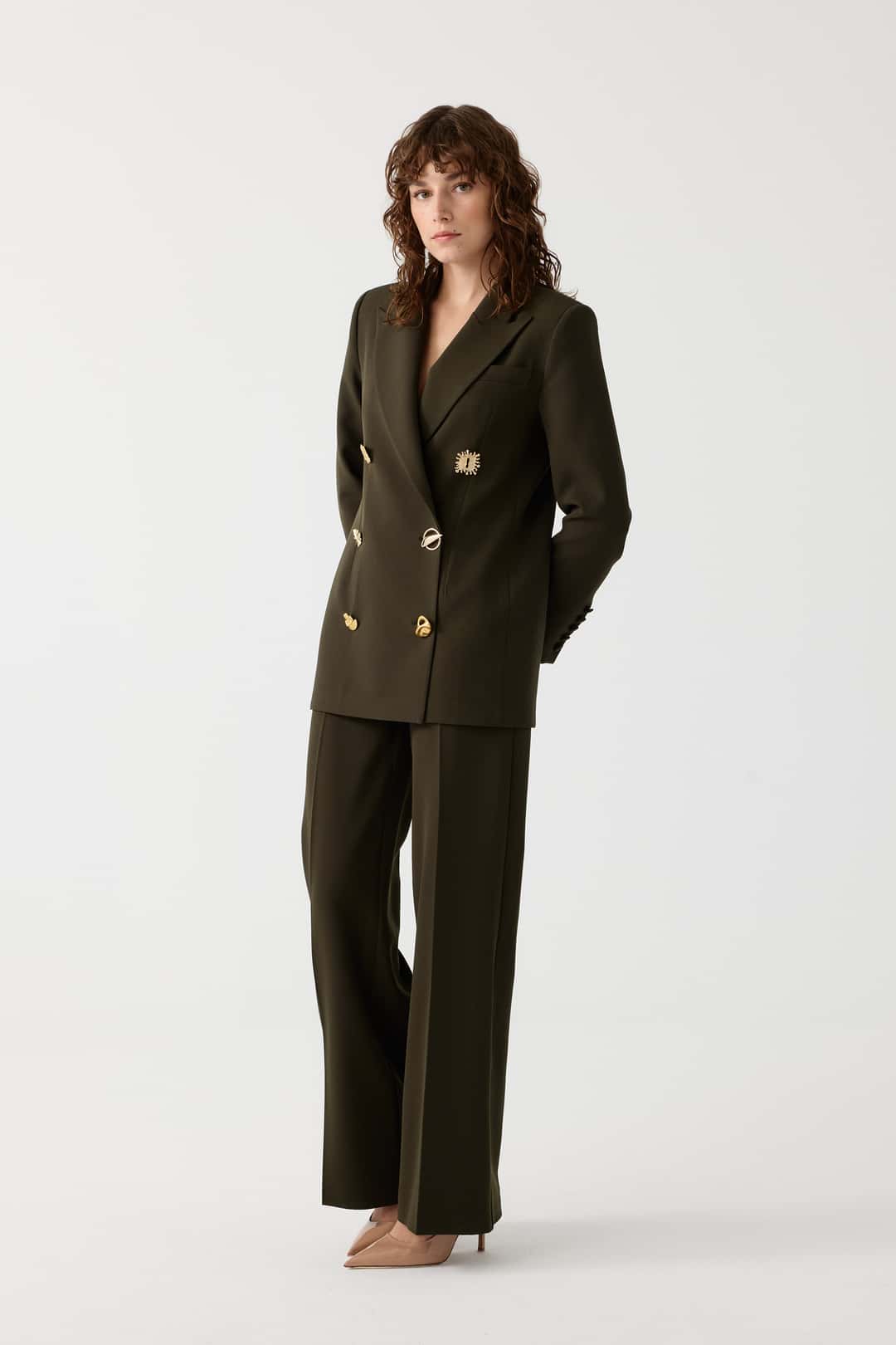 Gold aksesuarlı blazer ceket takım EL-2705 - HAKİ