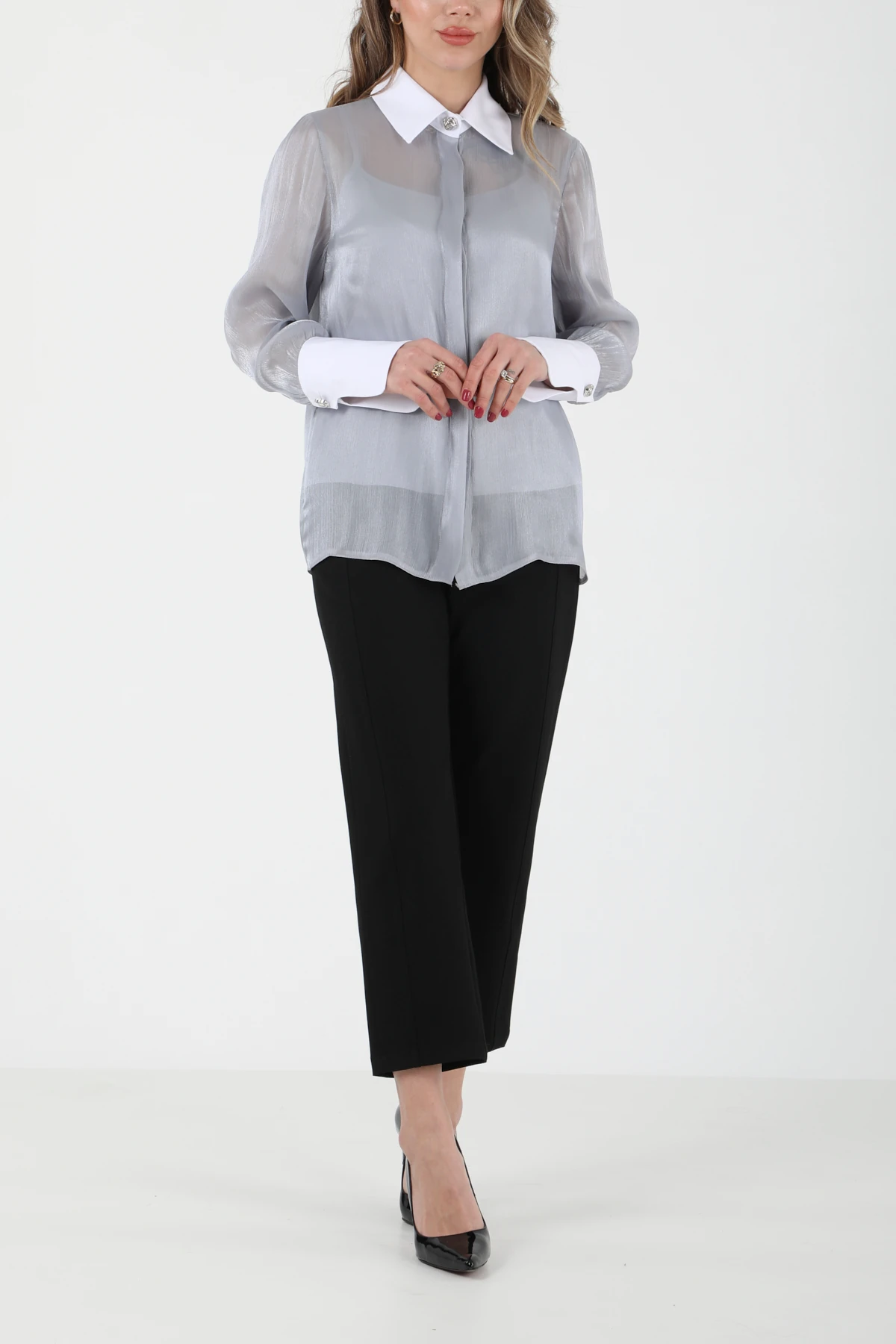 Pamuk garnili organze gömlek EL-1743 - GRİ