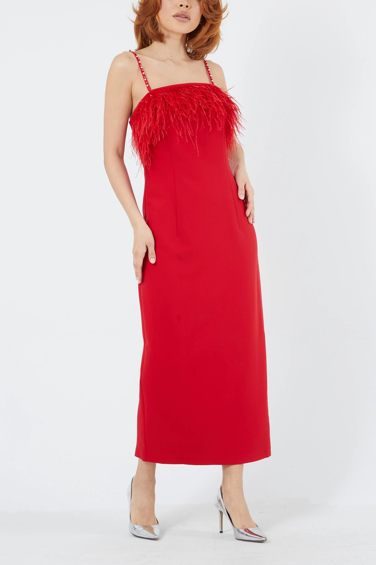 Tüy detaylı straplez midi boy elbise EL-3270