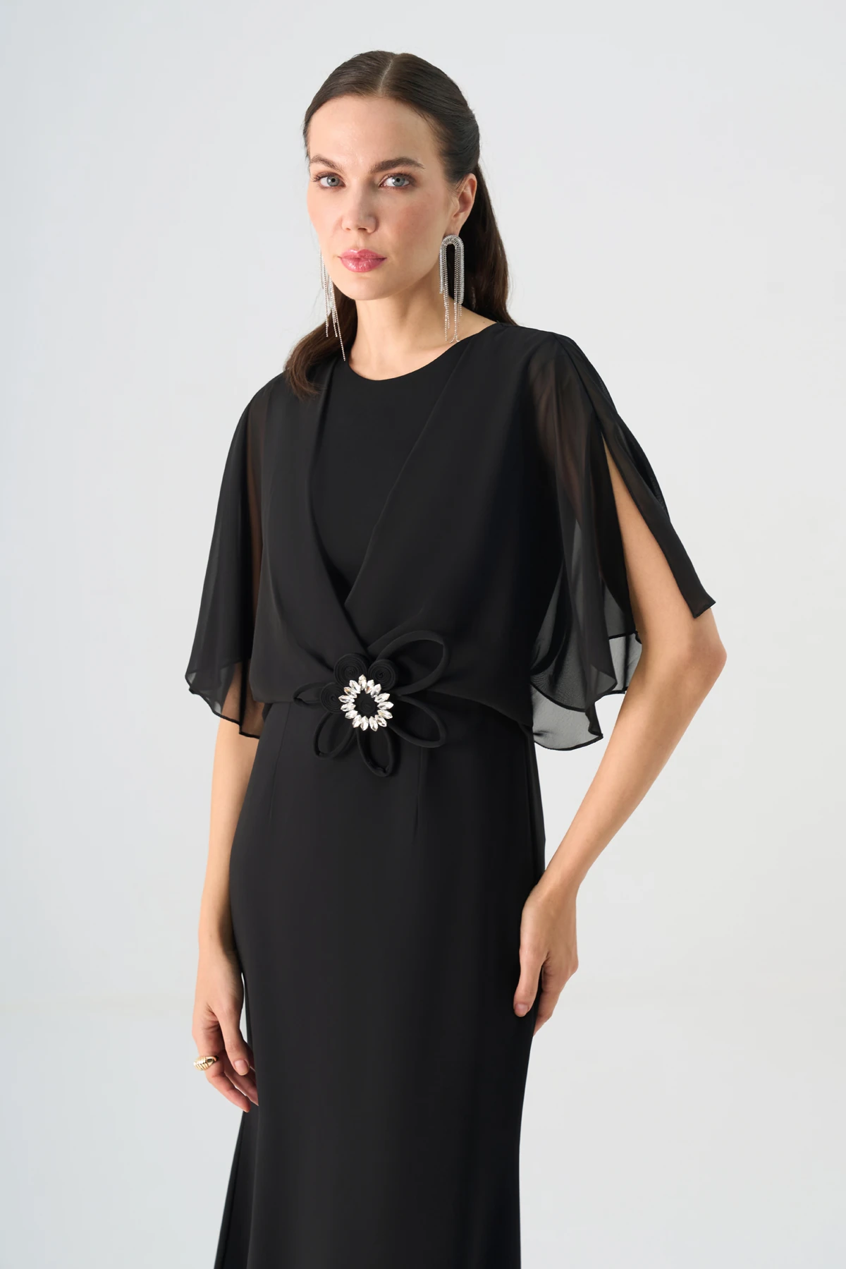 Şifon garnili yarasa kollu midi elbise EL-4353