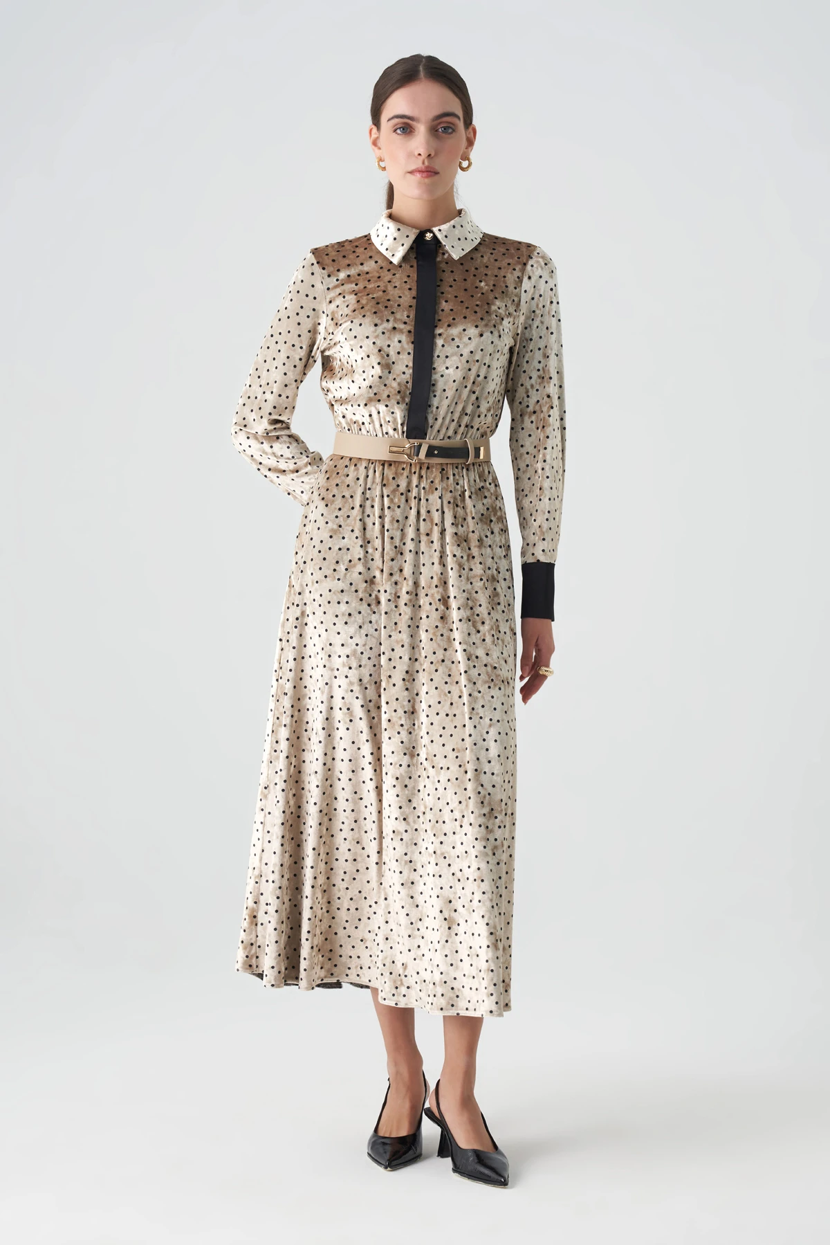 Saten garnili empirme kadife elbise EL-4437