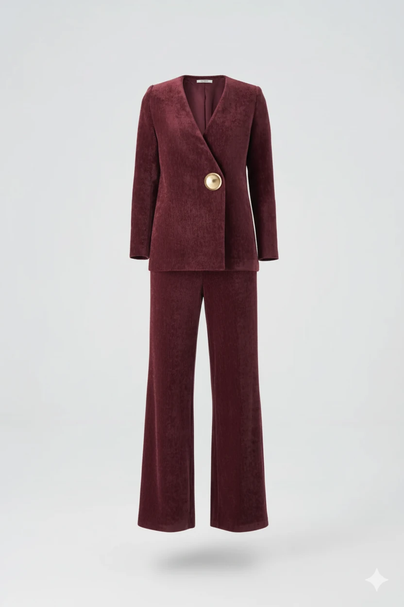 Kruvaze büyük düğmeli kadife takım EL-2775