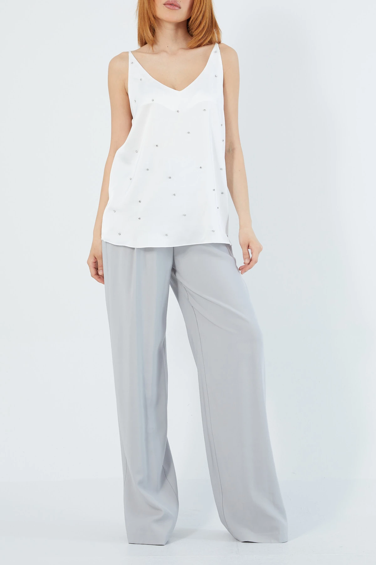 Strass taşlı saten bluz EL-1619 - Ekru