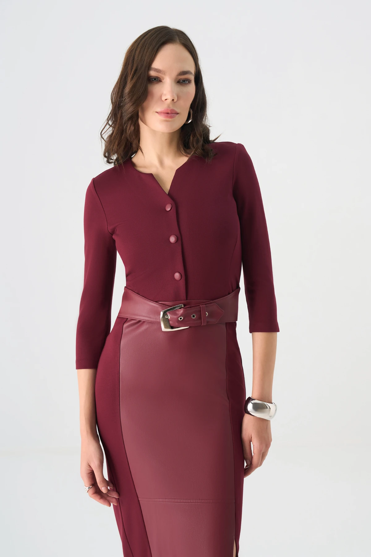 Bel kemerli örme ve deri karışım elbise EL-4424