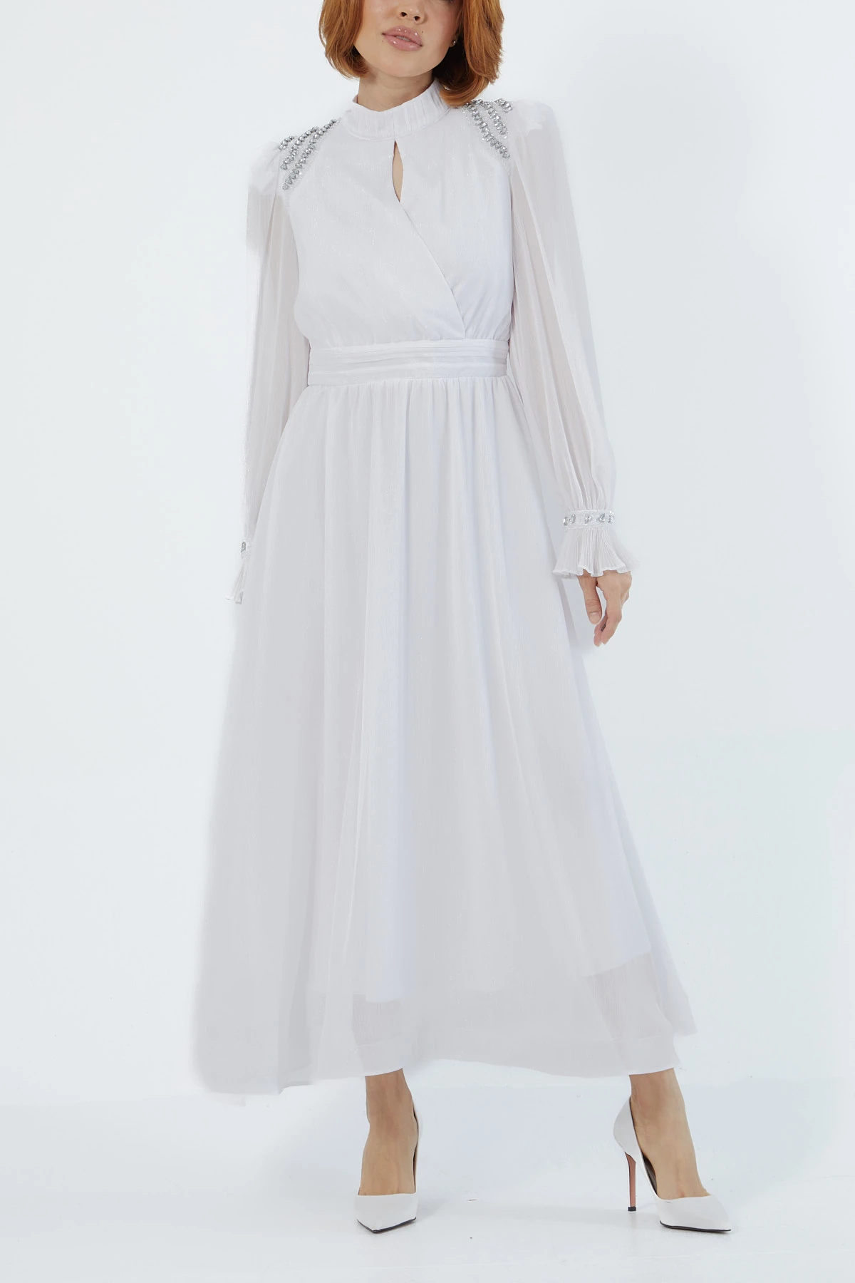 Pilise detaylı strass taşlı elbise EL-3535