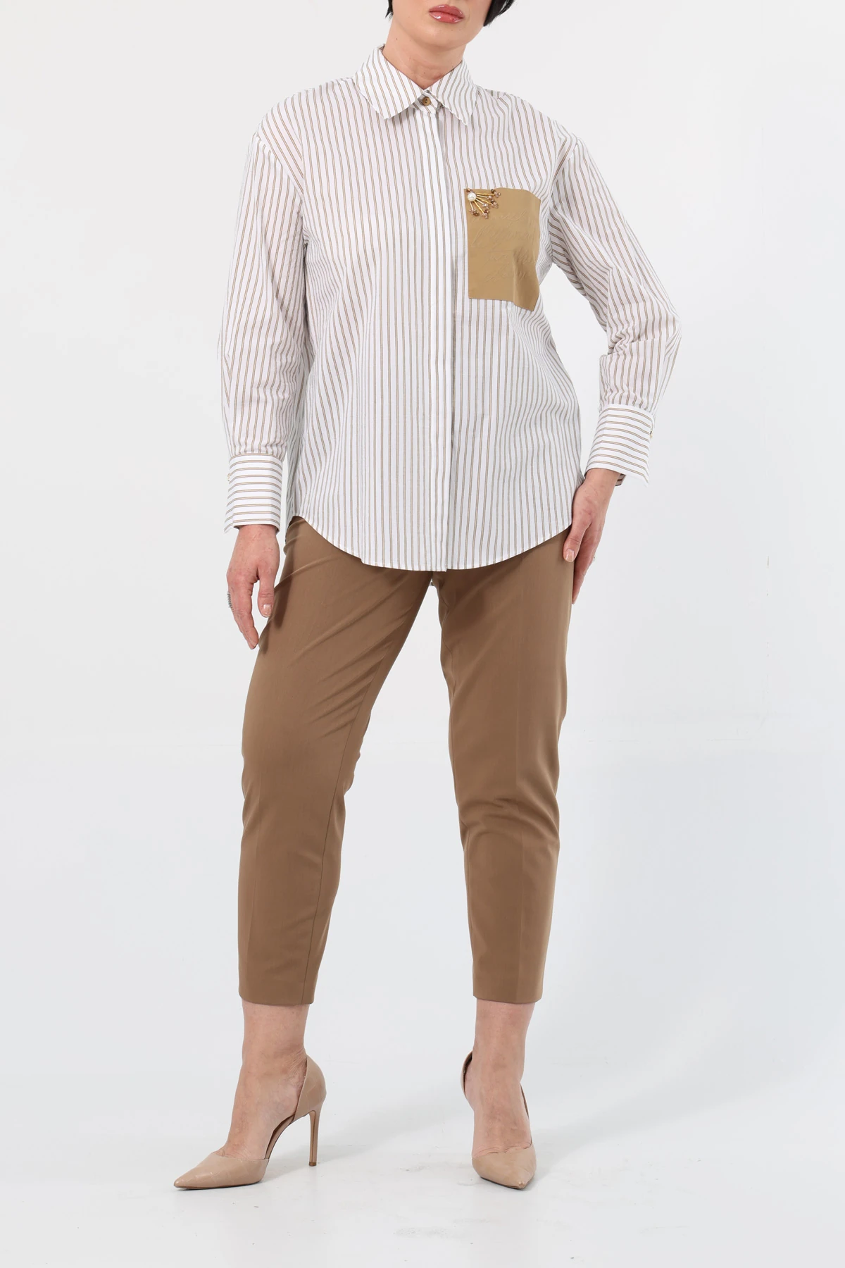 Çizgili oversize gömlek EL-1720-B - BEJ