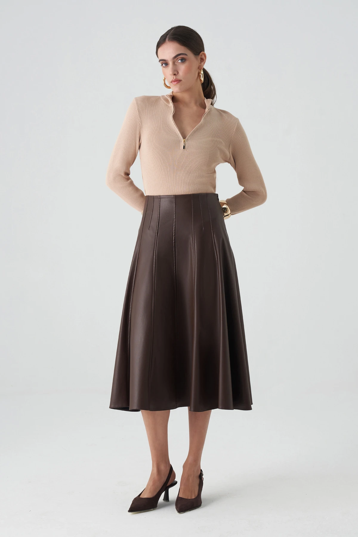 Kulp detaylı midi deri etek EL-1275