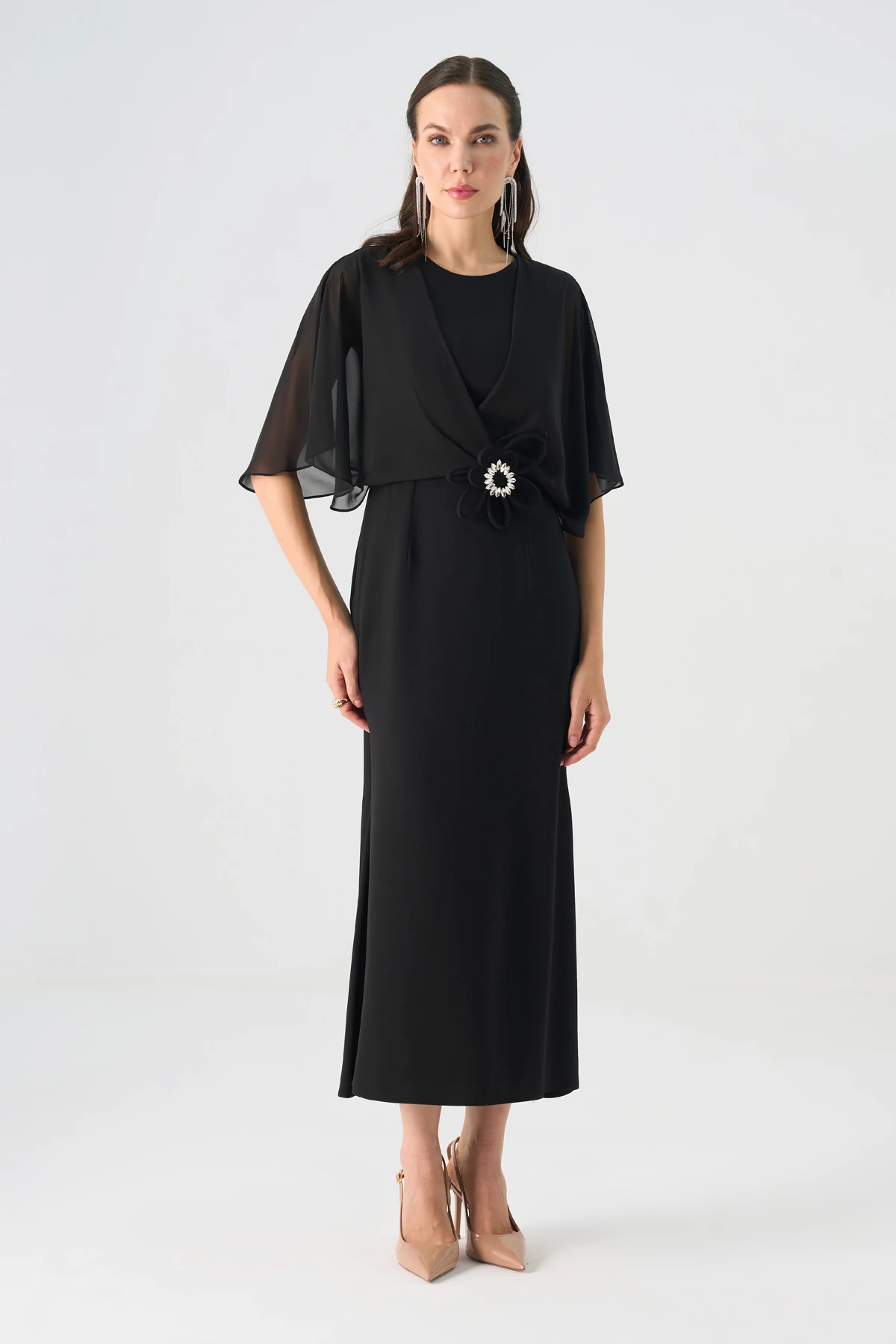 Şifon garnili yarasa kollu midi elbise EL-4353