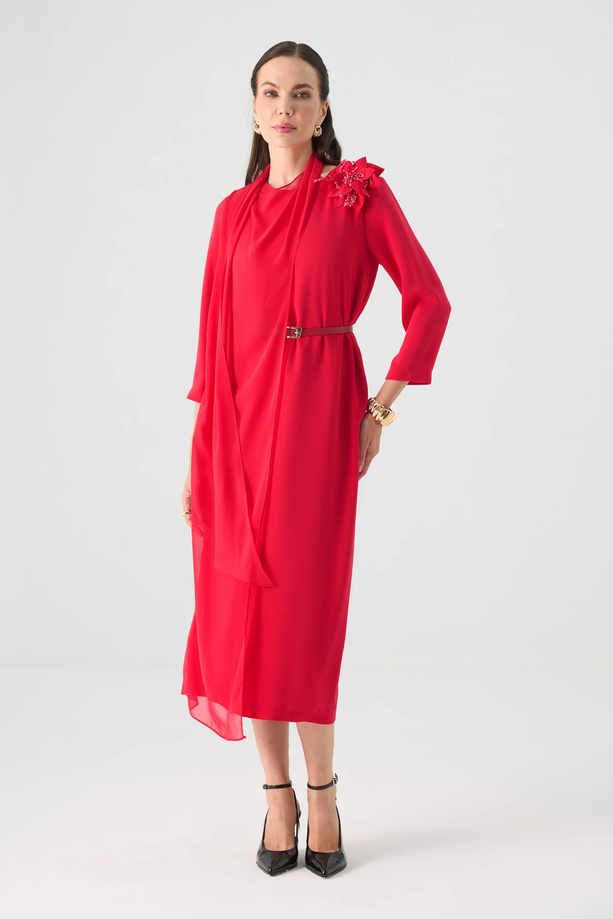 Asimetrik şifon garnili midi elbise EL-4382