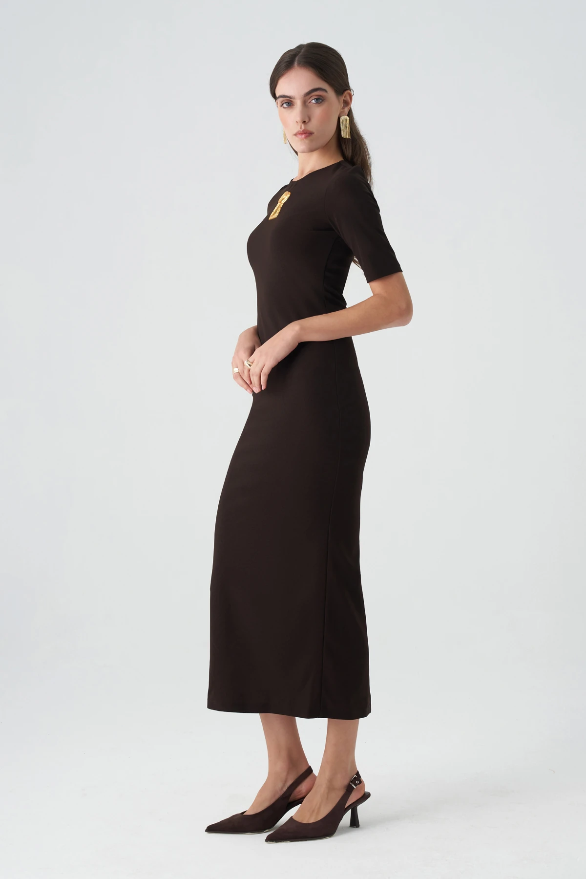 Kilit aksesuarlı örme elbise EL-4377