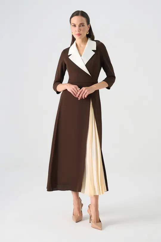 Yakası saten detaylı pilise midi krep elbise EL-4401