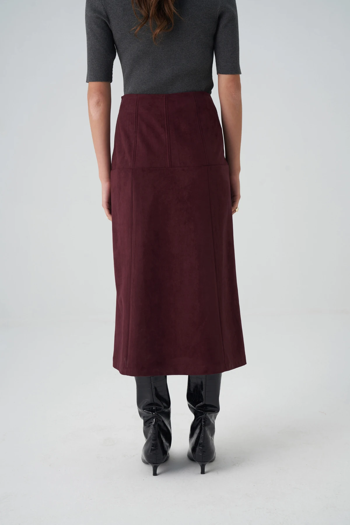 Bordo Süet Görünümlü Yüksek Bel Midi Etek