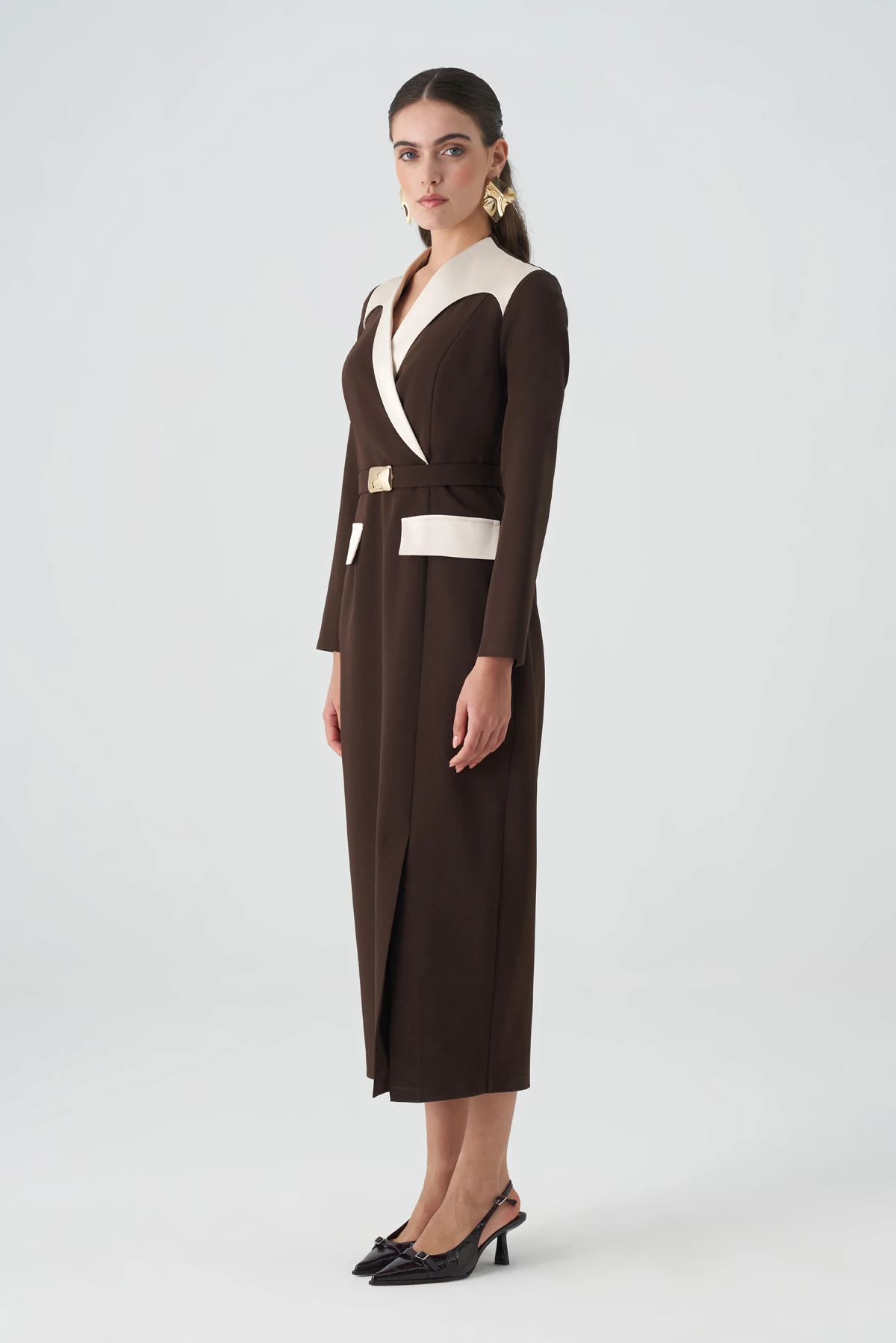 Saten garnili kruvaze midi krep elbise EL-4433