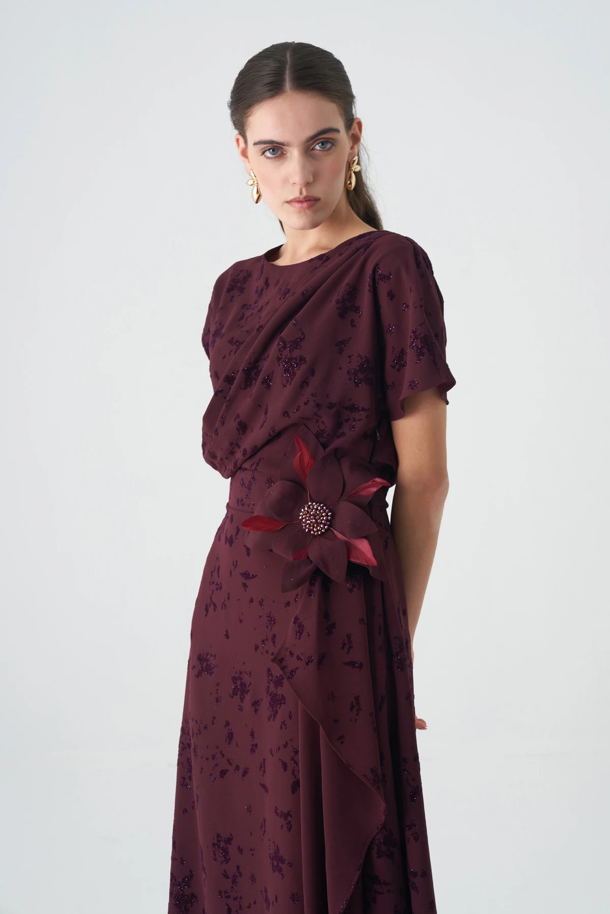 Kadife baskılı volanlı krep elbise EL-4439