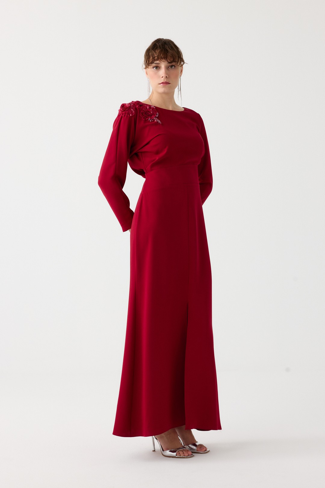 Ön yırtmaçlı tam boy elbise EL-4351 - BORDO