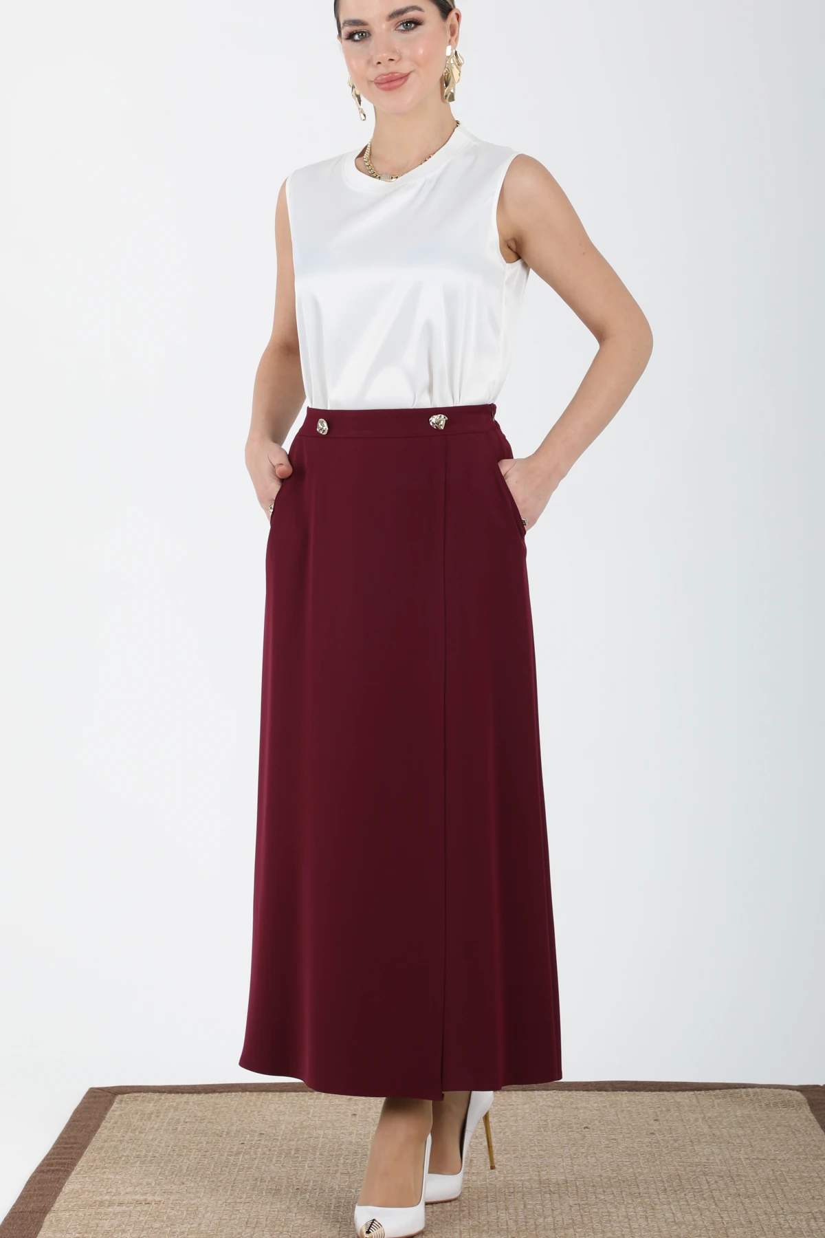 Metal aksesuarli midi etek EL-1176 - MOR