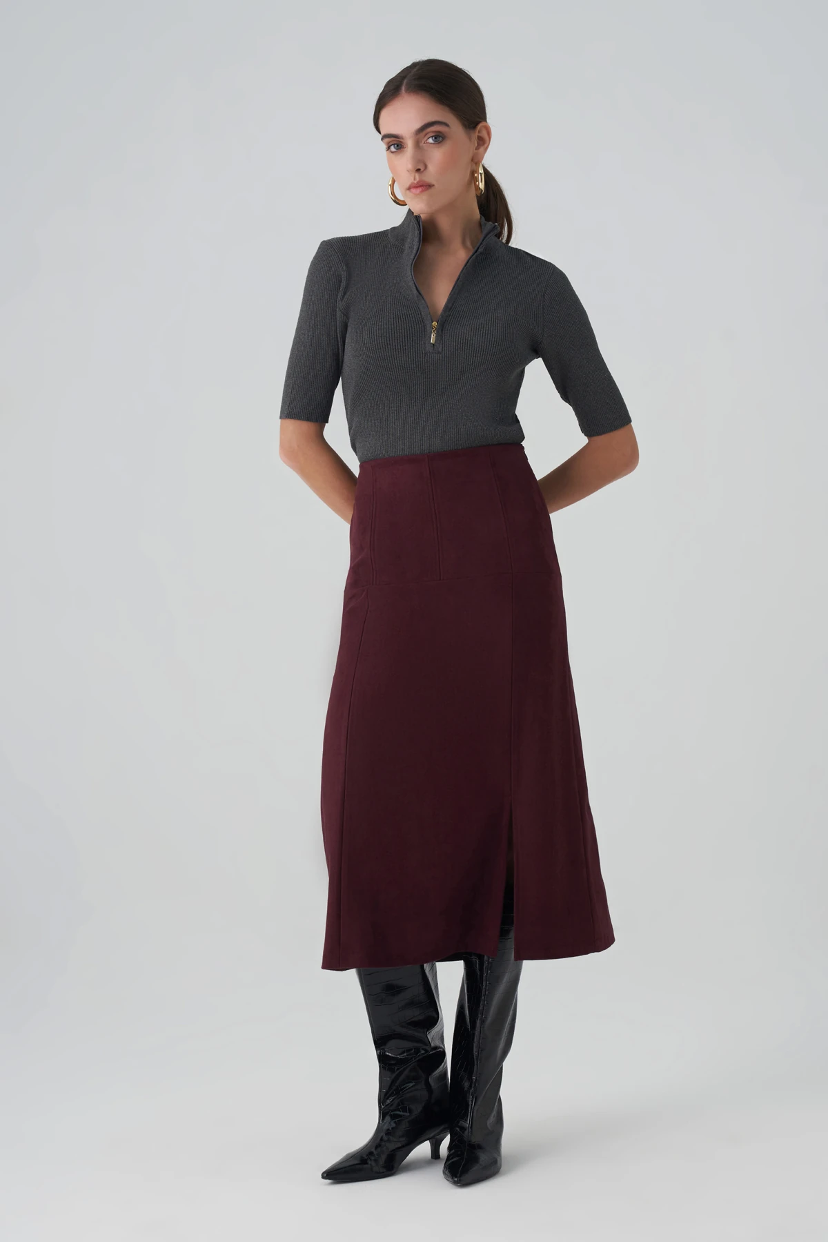 Bordo Süet Görünümlü Yüksek Bel Midi Etek