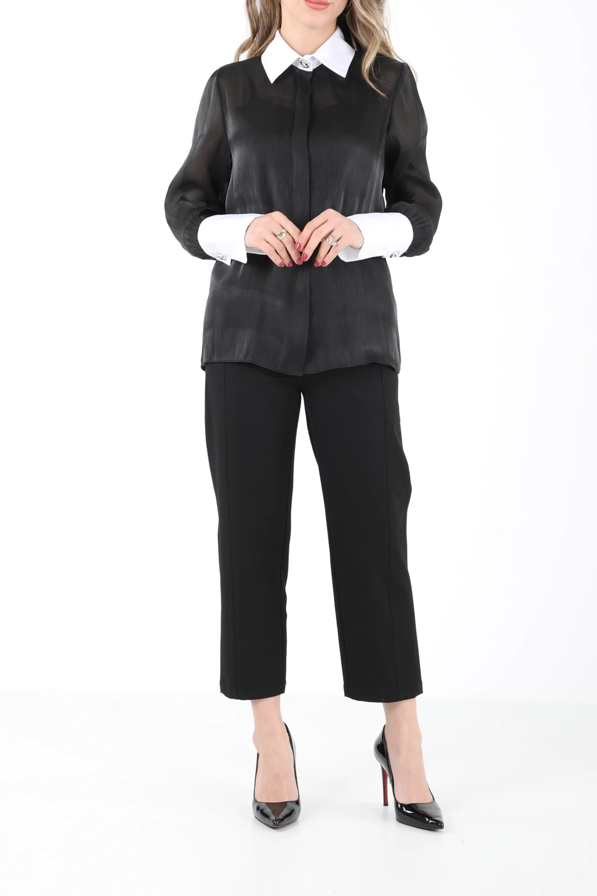 Pamuk garnili organze gömlek EL-1743 - SİYAH