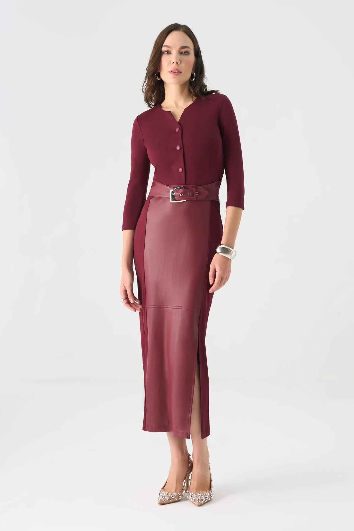 Bel kemerli örme ve deri karışım elbise EL-4424