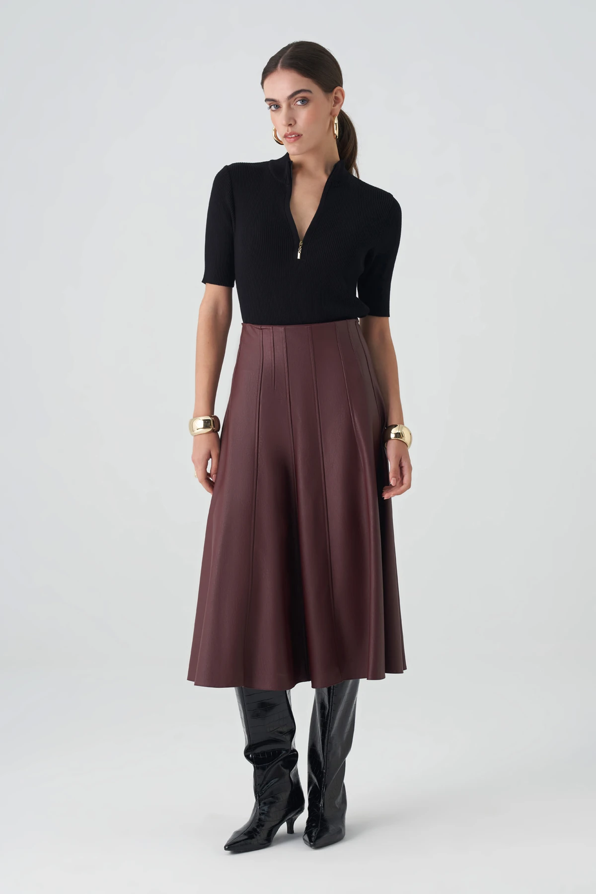 Kulp detaylı midi deri etek EL-1275