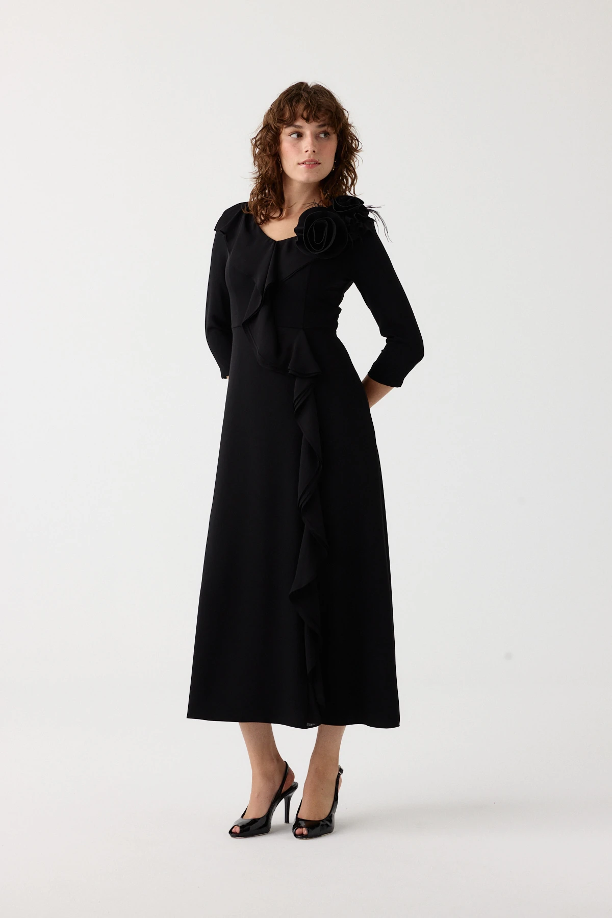 Şifon volanlı çiçekli kokteyl elbise EL-4380