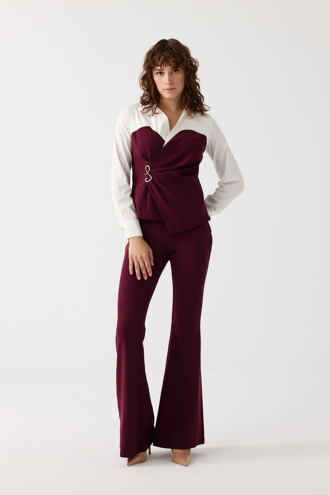 Poplin mix broşlu ikili takım EL-2702 - BORDO