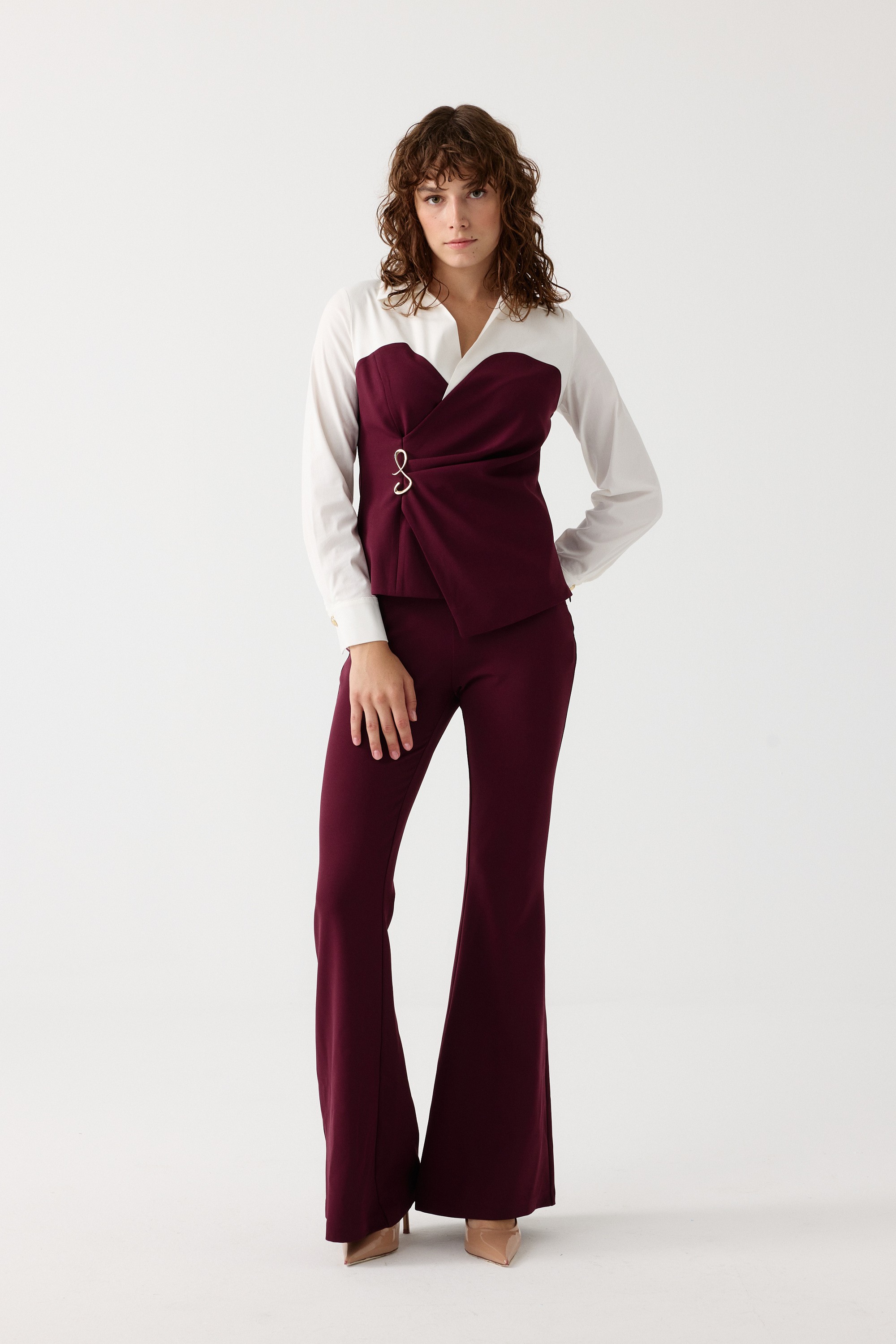 Poplin mix broşlu ikili takım EL-2702 - BORDO