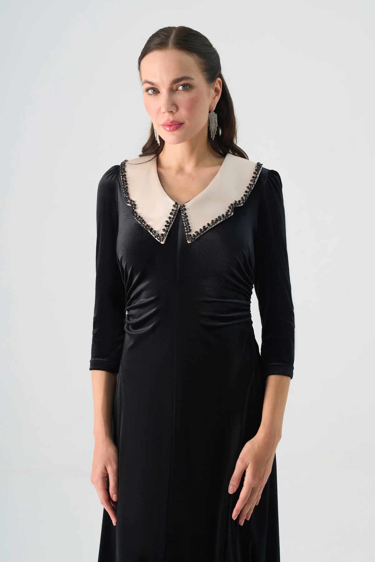 Drapeli Kadife Görünümlü Midi Elbise EL-4443