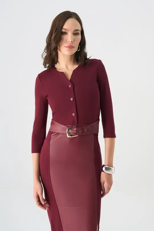 Bel kemerli örme ve deri karışım elbise EL-4424