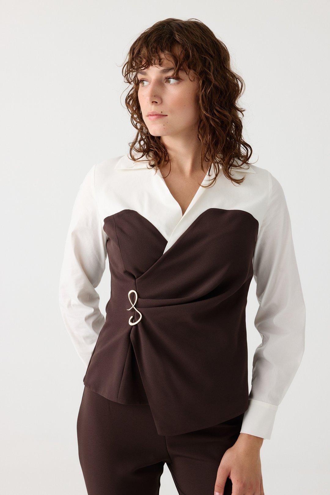Poplin mix broşlu ikili takım EL-2702 - KAHVERENGİ