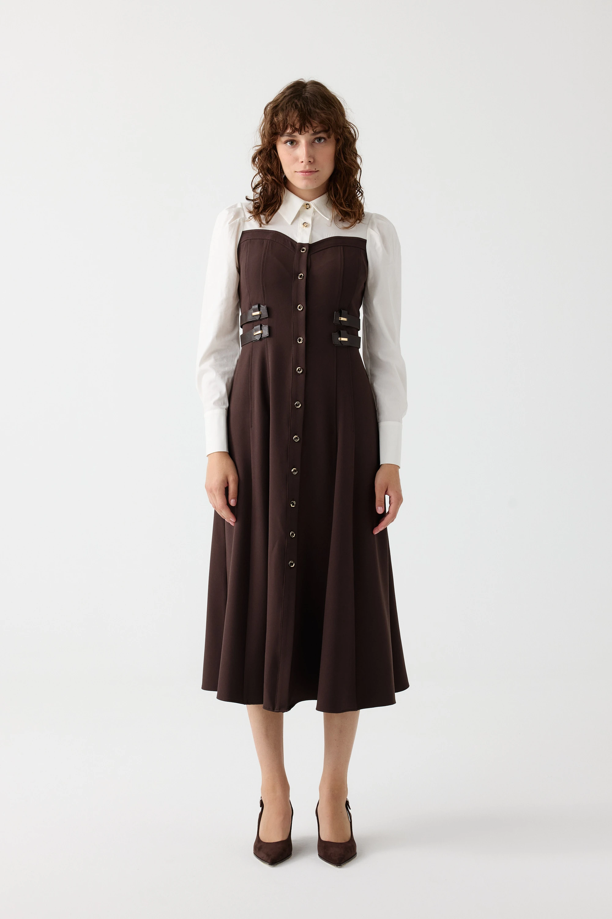 Colorblock gömlek yaka elbise EL-4365