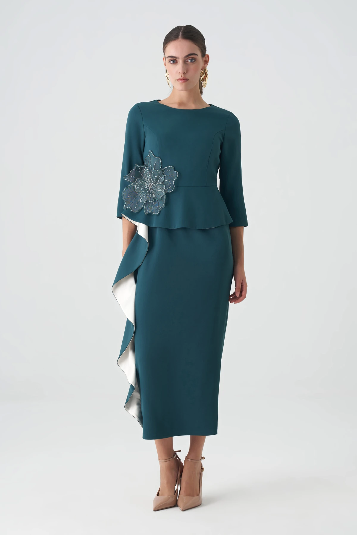 Volanlı garnili peplum saten elbise EL-4388