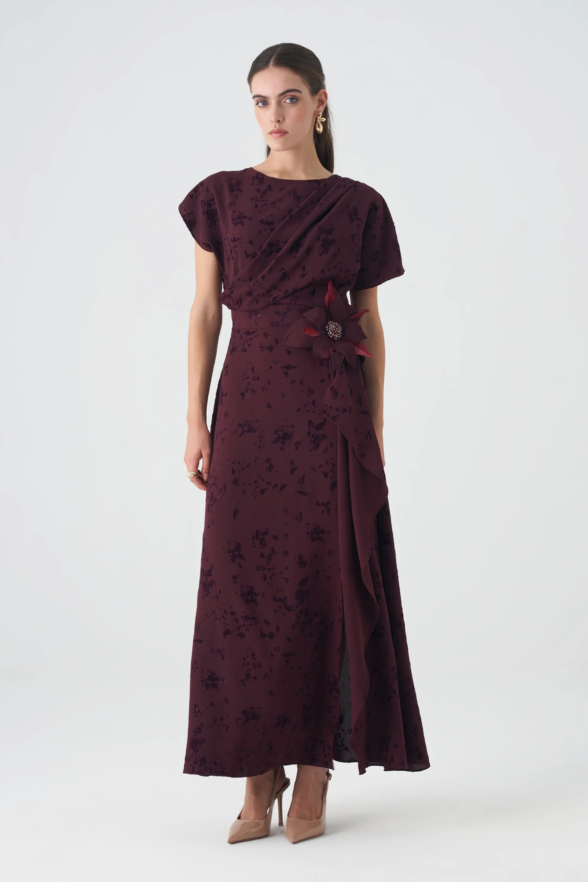 Kadife baskılı volanlı krep elbise EL-4439