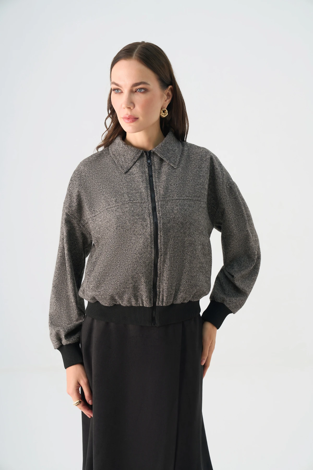 Ribana detaylı düşük kollu polisivkon bomber ceket EL-1837