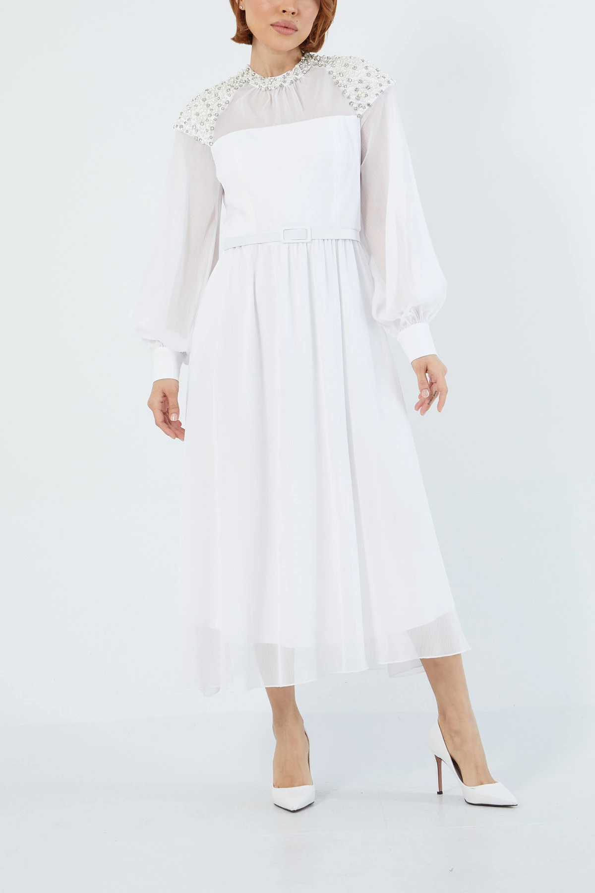 İşleme detaylı kemerli elbise EL-3569