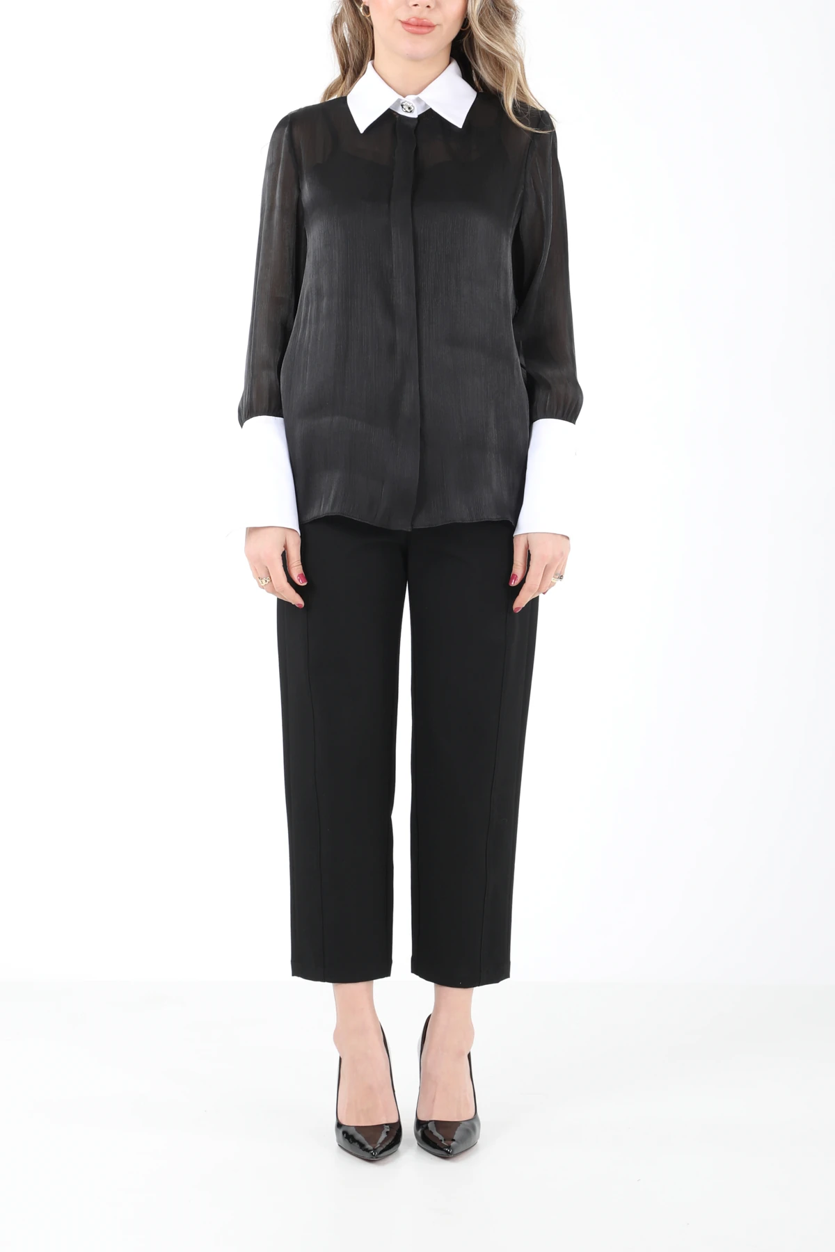 Pamuk garnili organze gömlek EL-1743 - SİYAH